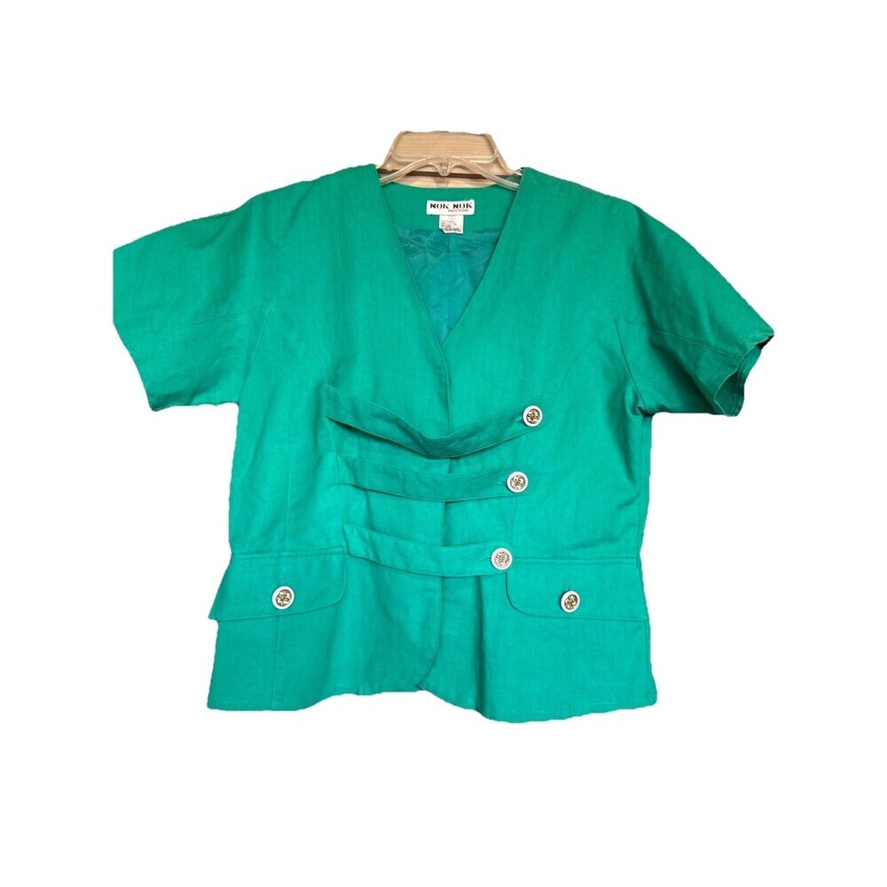 Linen Ramie Blazer Jacket Women Size 7 Green Button Front Preppy Office